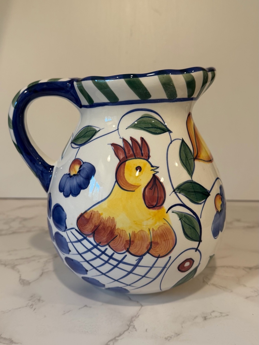 Vintage Painted Rooster Floral Pitcher Farmhouse Rustic Cottagecore